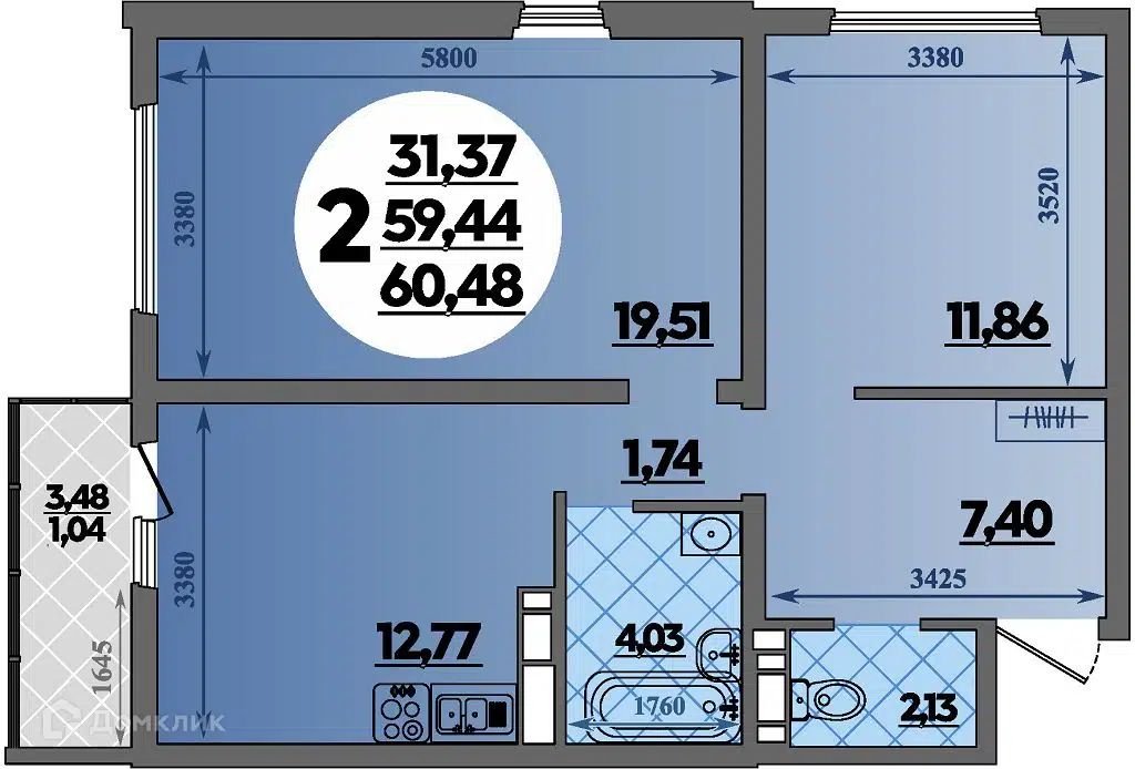 Планировка: 2-комн. квартира 60.48 м² в новостройке Предгорье Лаго-Наки