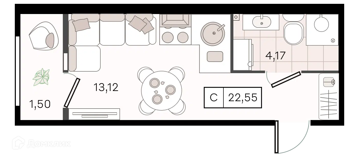Планировка: Студия 22.55 м² в новостройке История 3