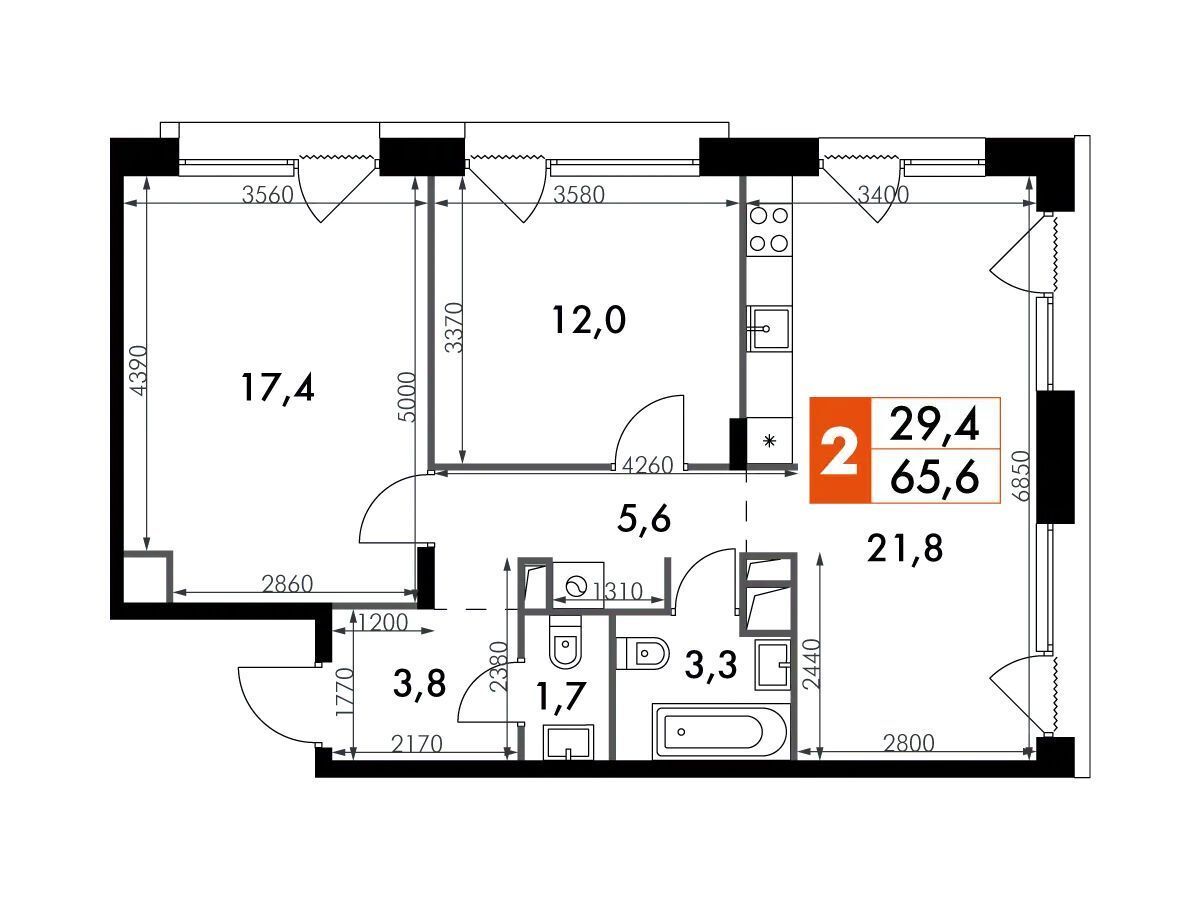 Планировка: 3-комн. квартира 66.20 м² в новостройке ЖК Лэйк