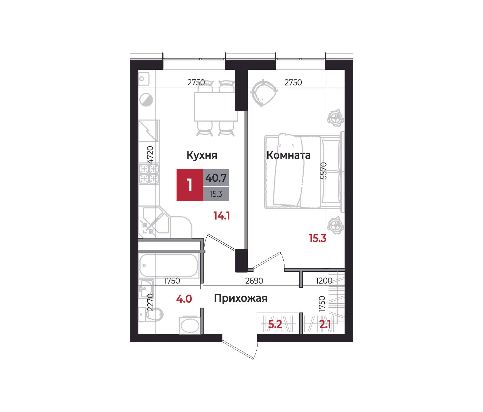 Планировка: 1-комн. квартира 40.70 м² в новостройке Новый дом