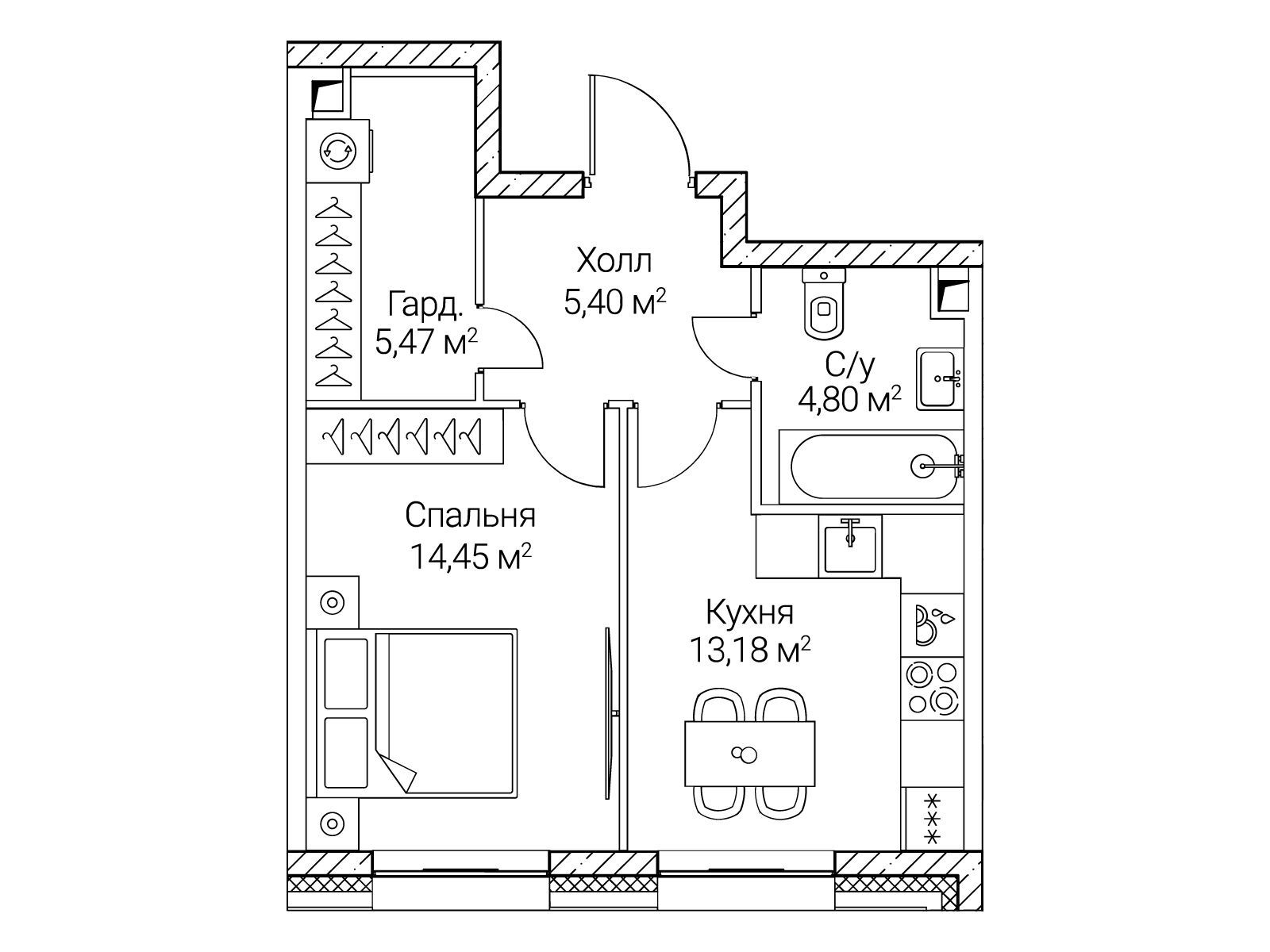 Планировка: 1-комн. квартира 43.30 м² в новостройке Сезар Сити