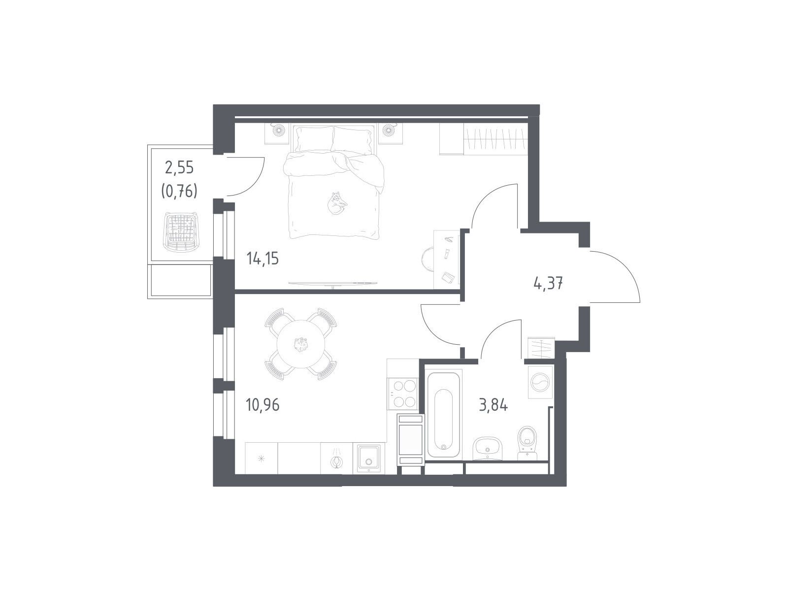 Планировка: 1-комн. квартира 34.08 м² в новостройке Большое Путилково