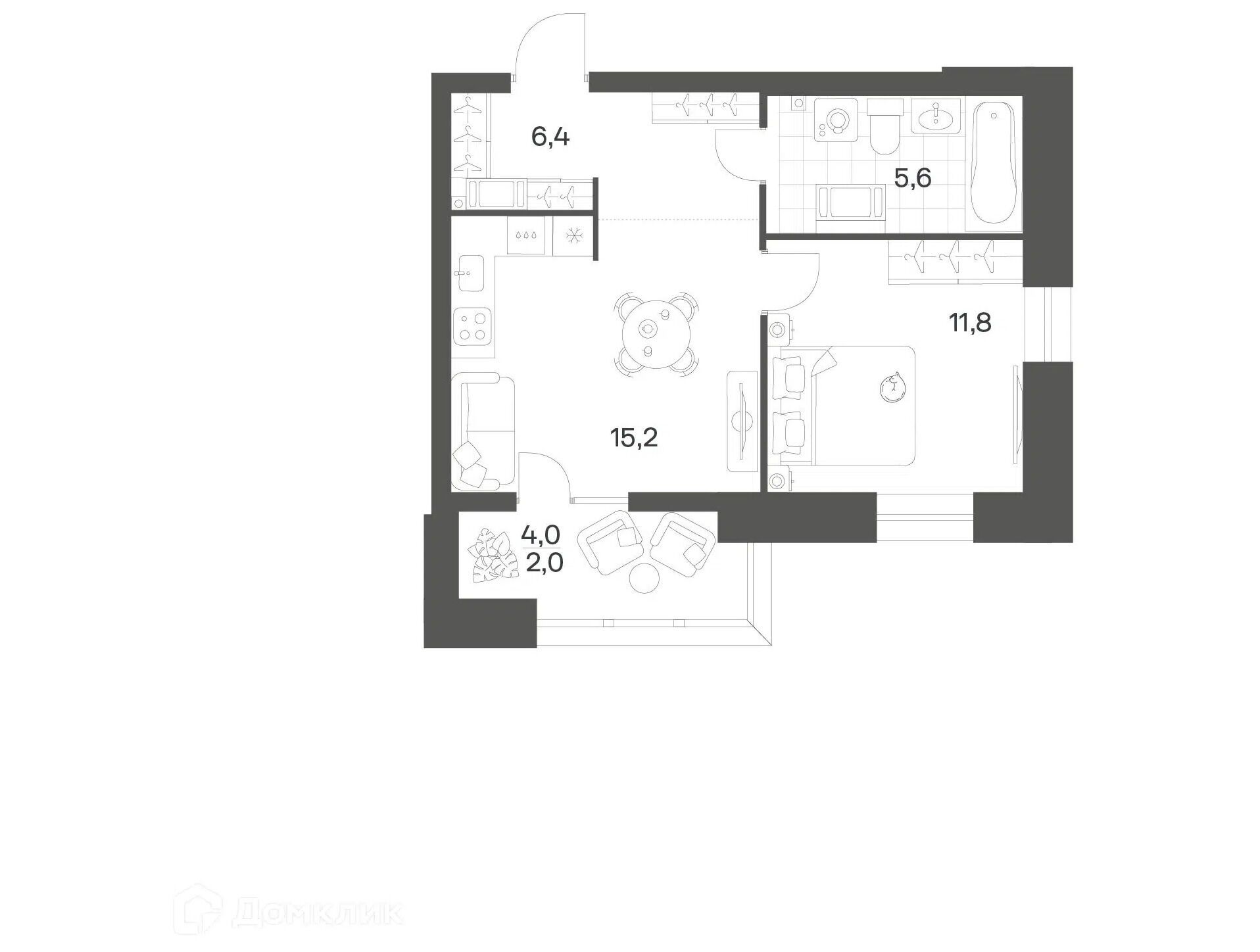 Планировка: 1-комн. квартира 40.96 м² в новостройке Ньюпитер