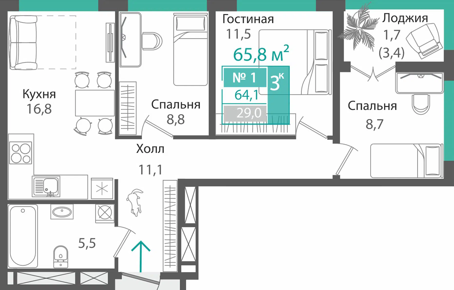 Планировка: 3-комн. квартира 64.10 м² в новостройке Орион