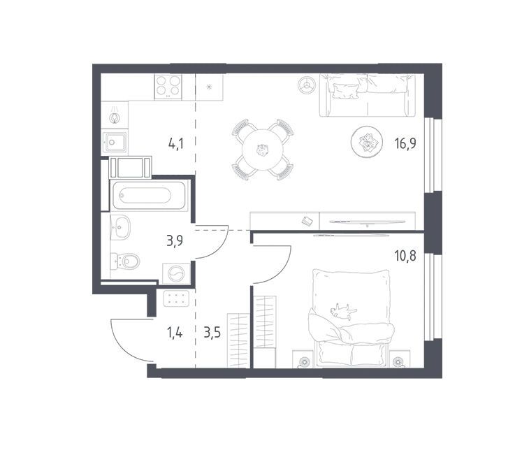 Планировка: 1-комн. квартира 40.00 м² в новостройке Мытищи Парк
