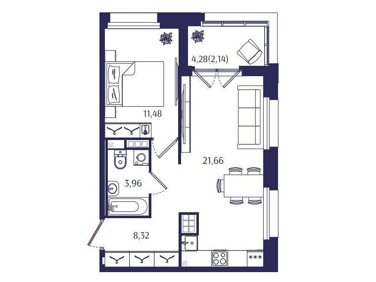 Планировка: 1-комн. квартира 47.56 м² в новостройке Ранта Резиденс