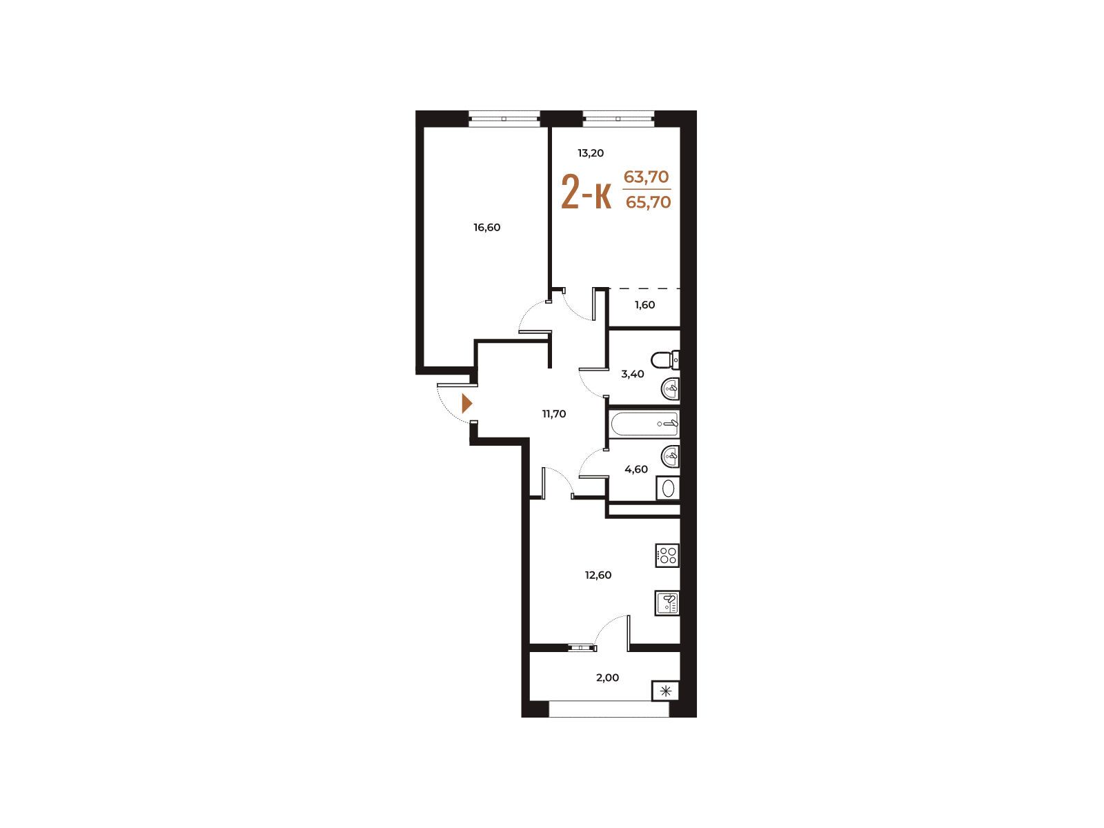 Планировка: 2-комн. квартира 65.70 м² в новостройке Новое Летово