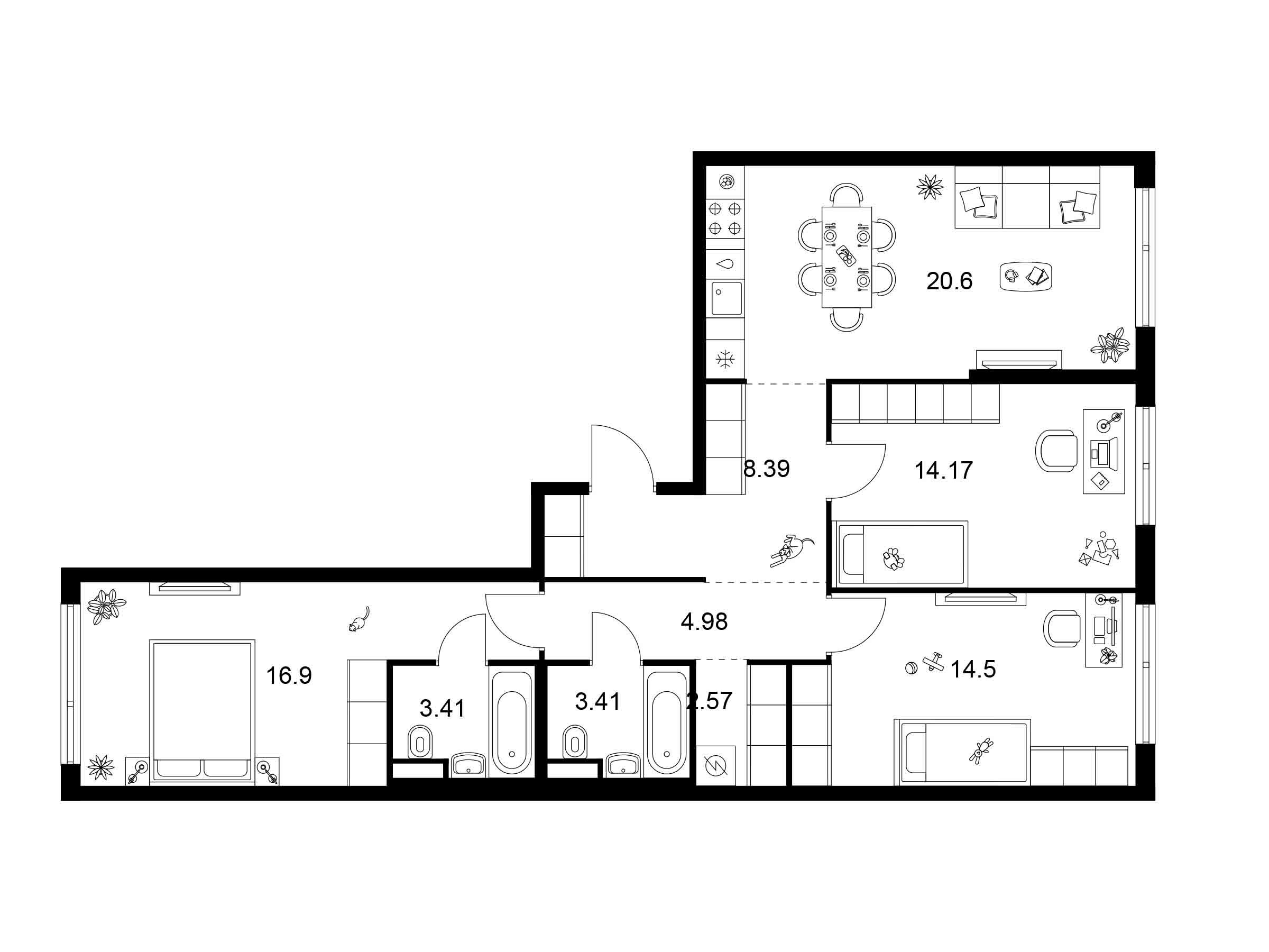 Планировка: 3-комн. квартира 88.93 м² в новостройке Квартал Мит