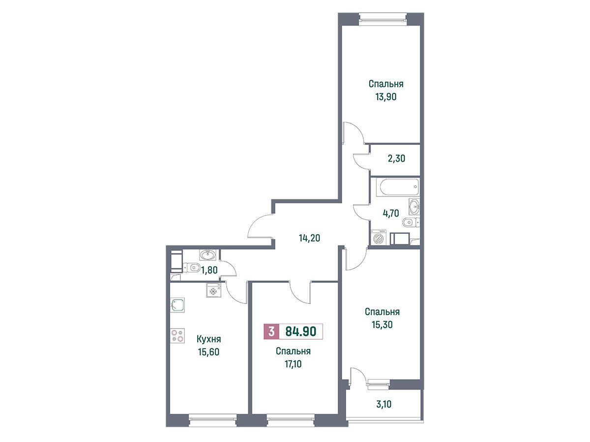 Планировка: 3-комн. квартира 84.90 м² в новостройке Фотограф