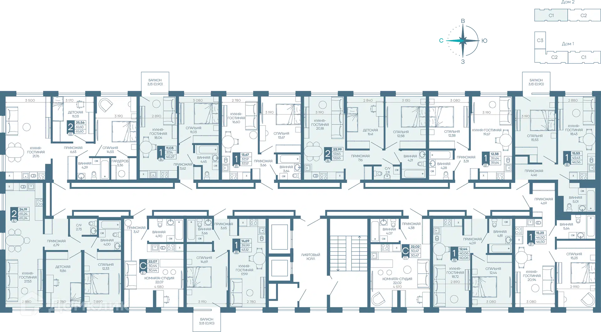 Планировка: 1-комн. квартира 44.10 м² в новостройке Иначе в Молодежном