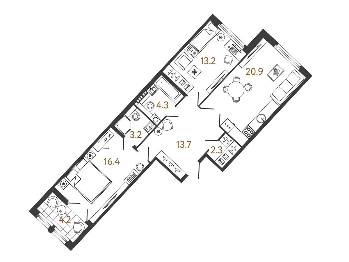 Планировка: 2-комн. квартира 74.00 м² в новостройке Миръ