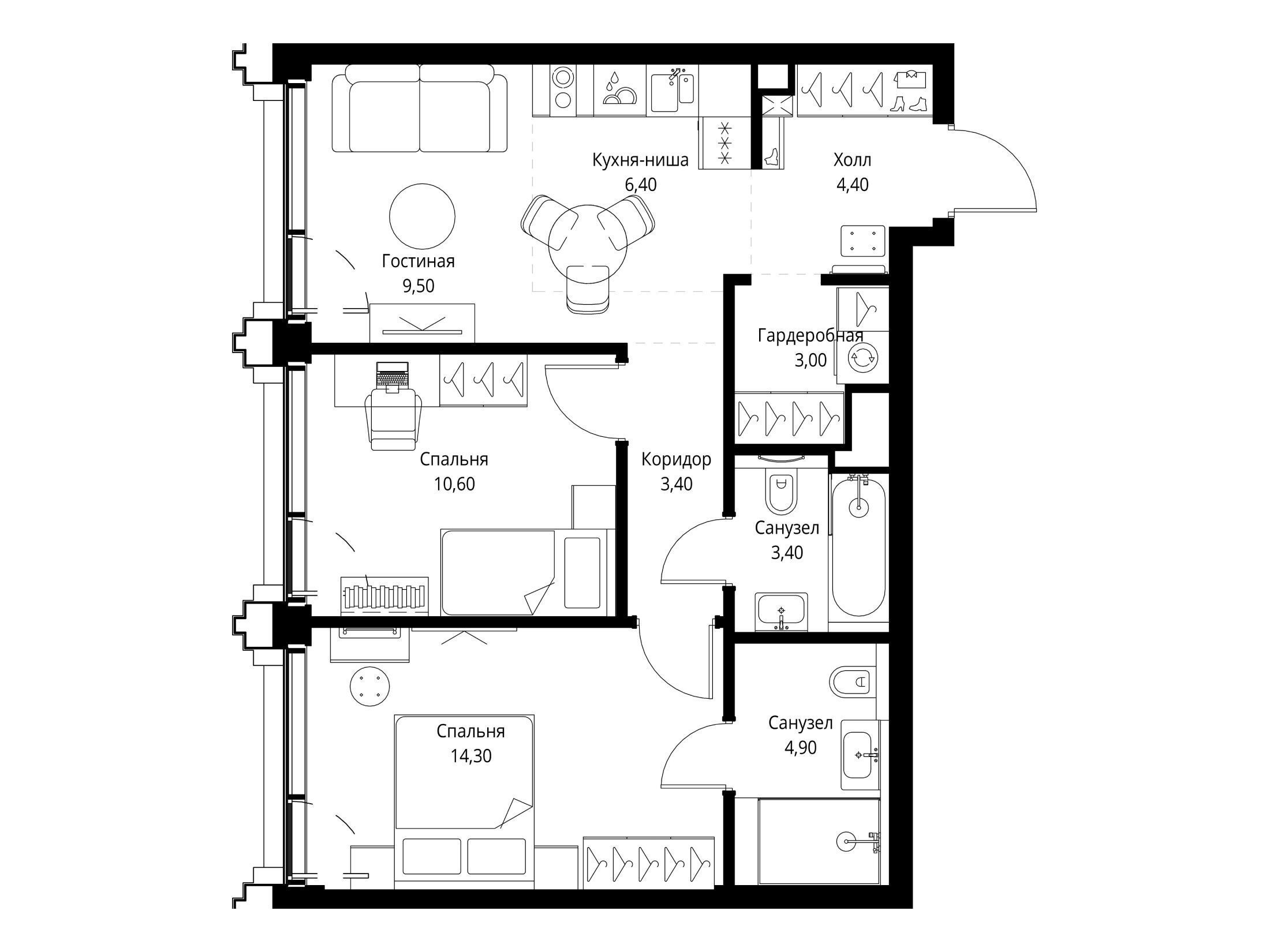 Планировка: 2-комн. квартира 60.60 м² в новостройке Сет