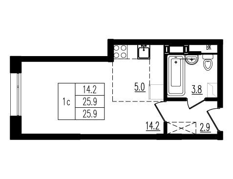 Планировка: Студия 26.00 м² в новостройке Пироговская ривьера