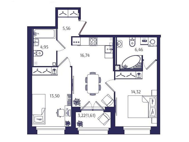 Планировка: 2-комн. квартира 63.14 м² в новостройке Ранта Резиденс