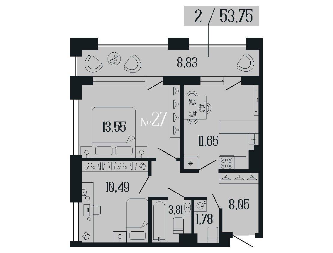 Планировка: 2-комн. квартира 53.74 м² в новостройке Дом 1919