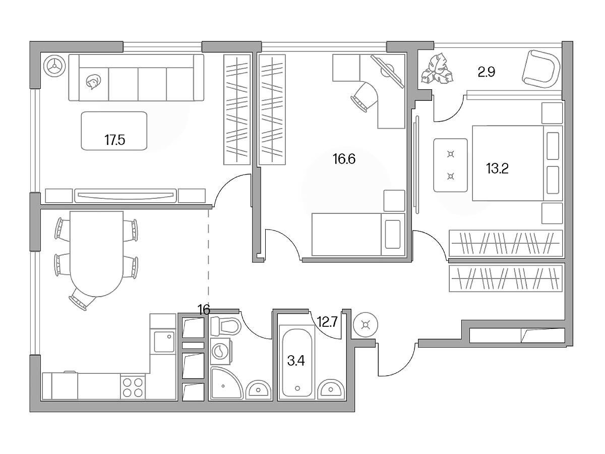 Планировка: 3-комн. квартира 85.40 м² в новостройке Бригантина