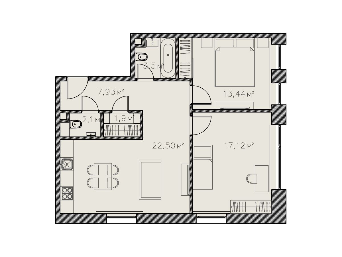 Планировка: 2-комн. квартира 69.60 м² в новостройке Досфлота, 10