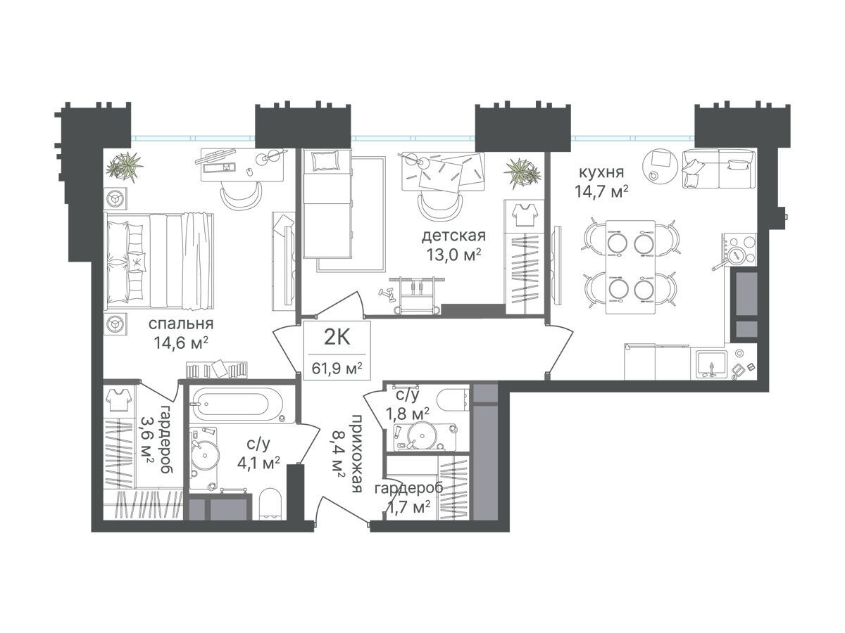Планировка: 2-комн. квартира 61.90 м² в новостройке Варшавские ворота