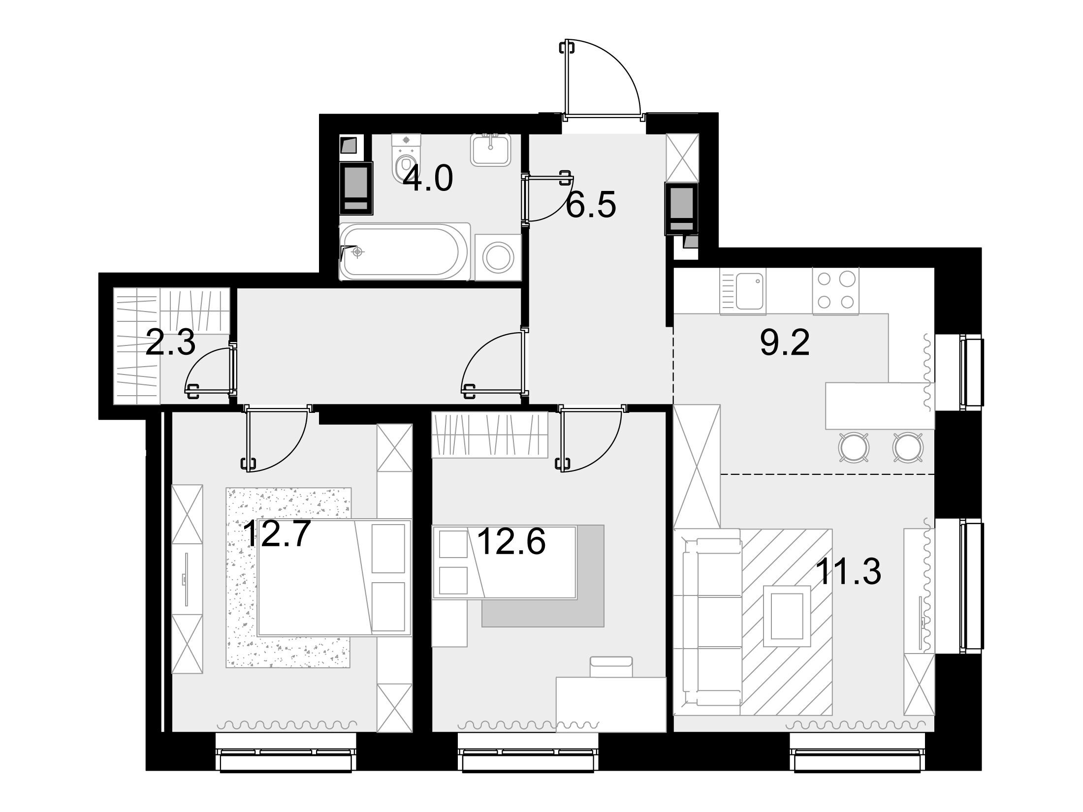 Планировка: 3-комн. квартира 63.90 м² в новостройке Трилогия Кристалл