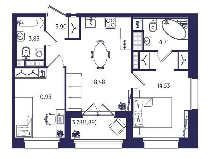 Планировка: 2-комн. квартира 58.29 м² в новостройке Ранта Резиденс