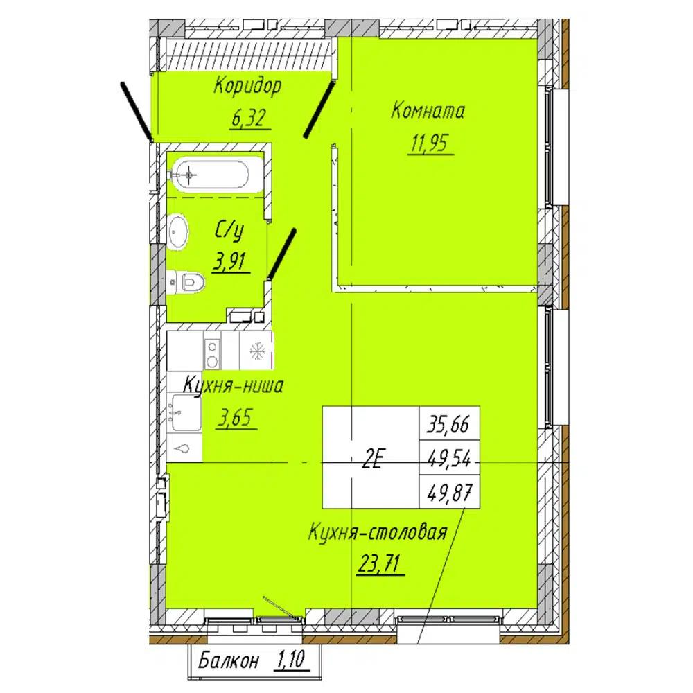 Планировка: 1-комн. квартира 49.87 м² в новостройке По улице 2-я Дачная
