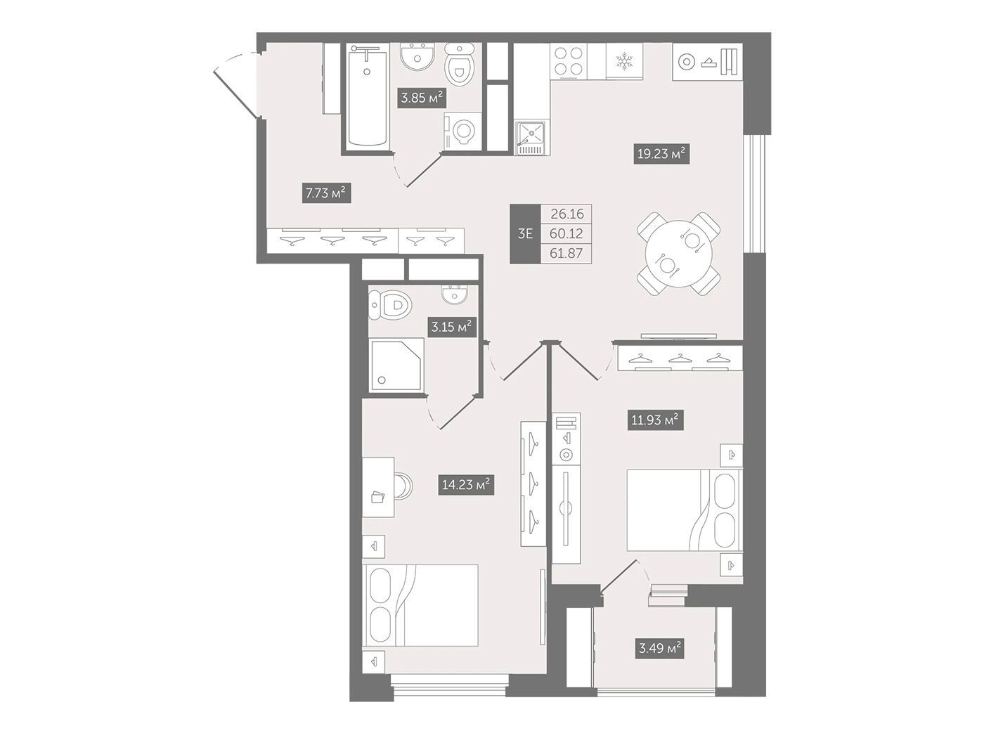 Планировка: 2-комн. квартира 61.87 м² в новостройке Квартал Воронцовский