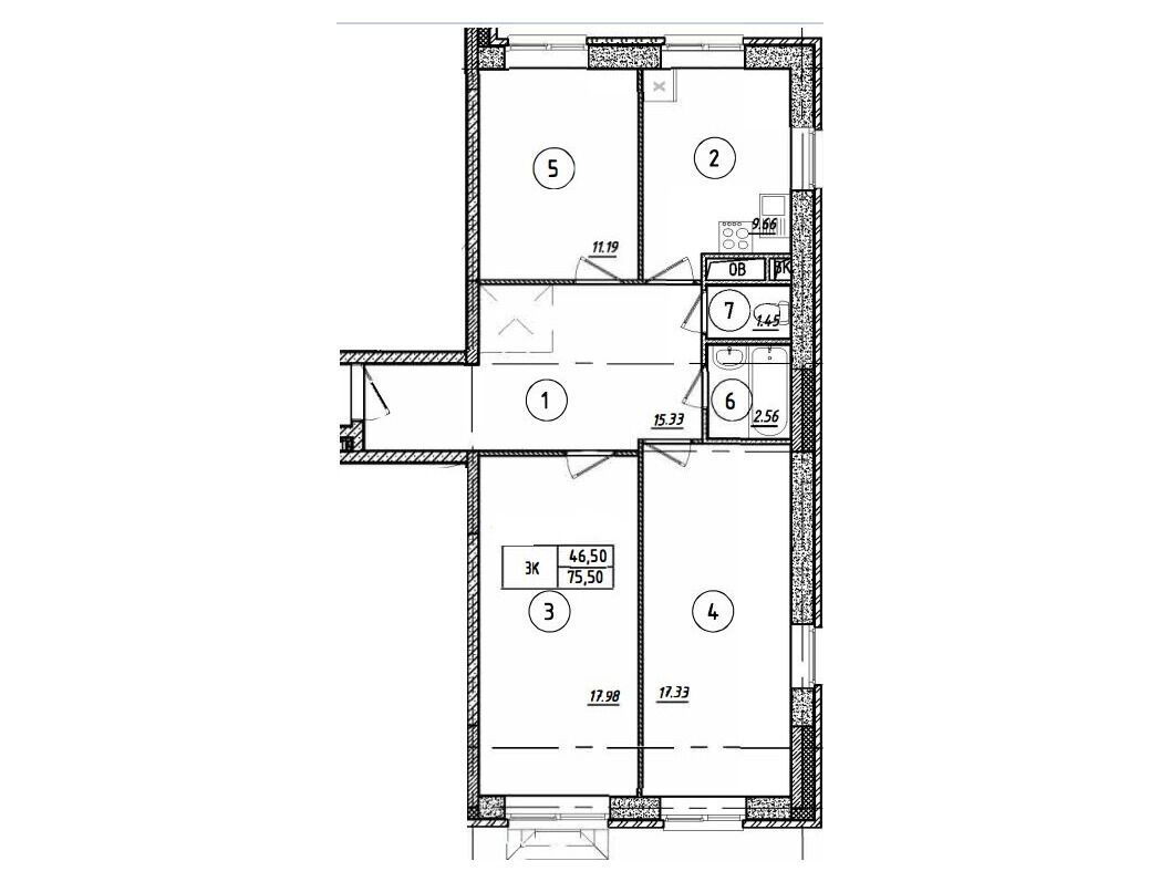 Планировка: 3-комн. квартира 75.50 м² в новостройке Парковый