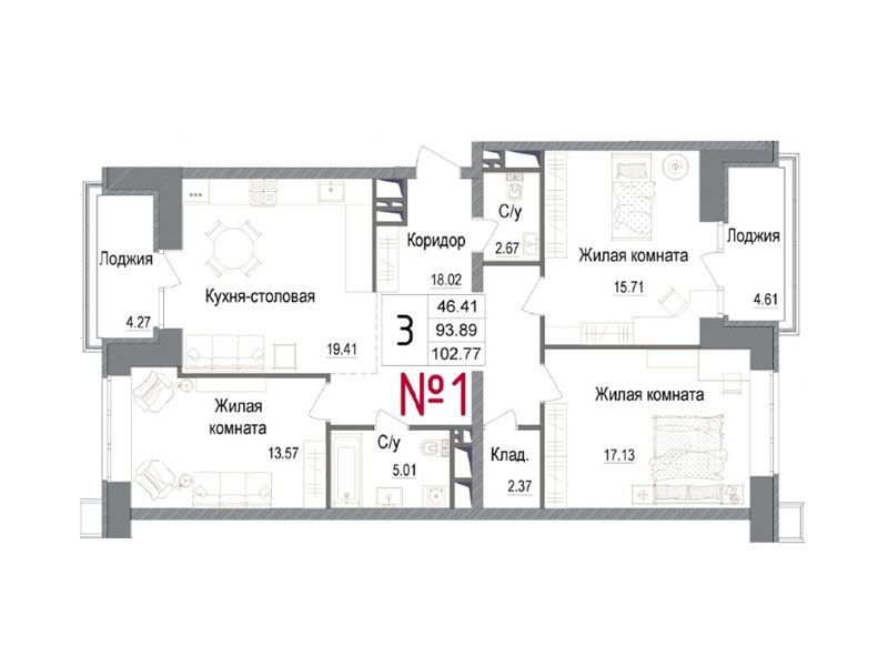 Планировка: 3-комн. квартира 100.30 м² в новостройке Арт