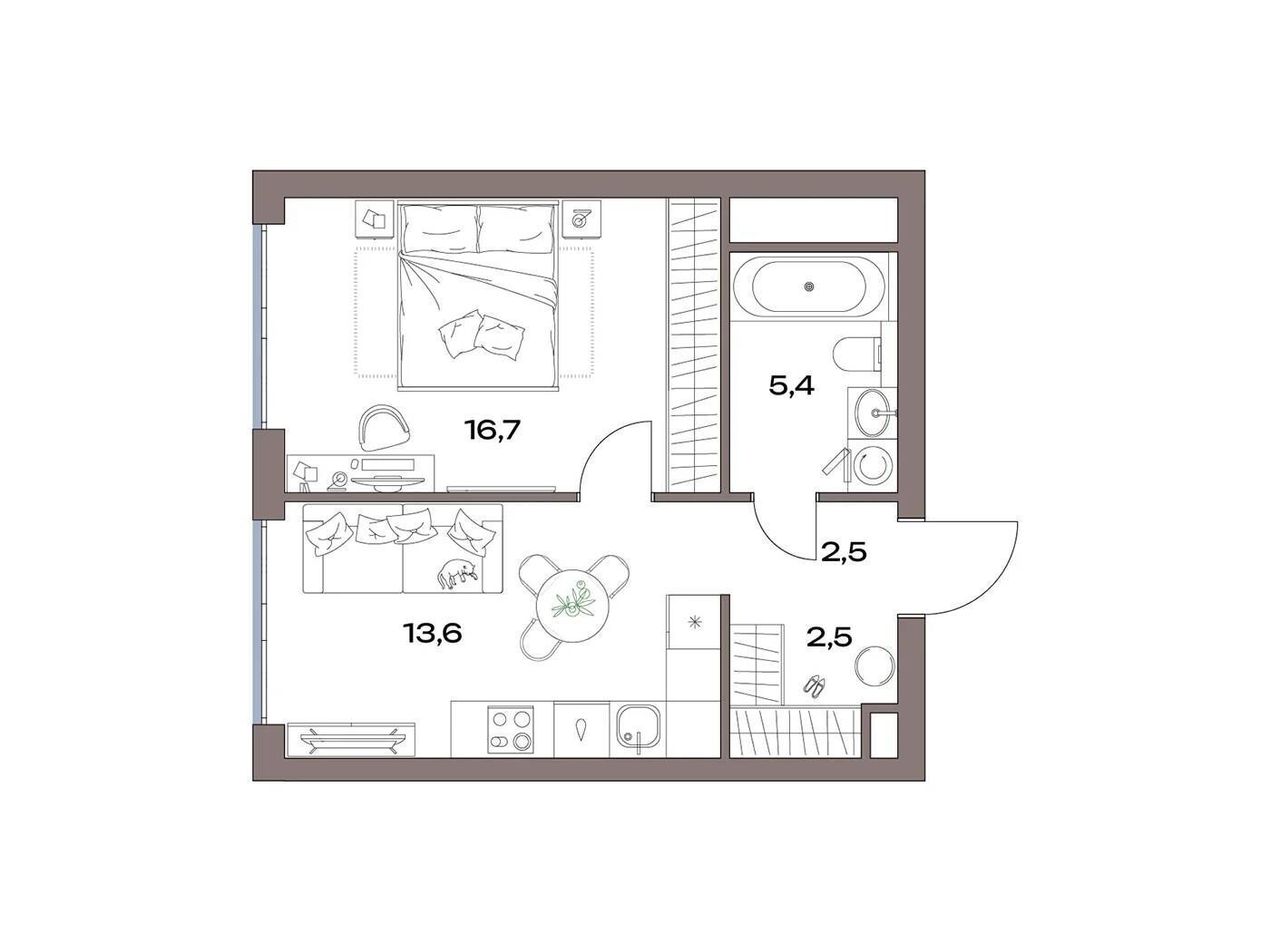 Планировка: 1-комн. квартира 40.80 м² в новостройке Акценты