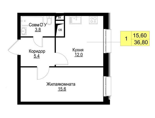 Планировка: 1-комн. квартира 36.80 м² в новостройке Корица