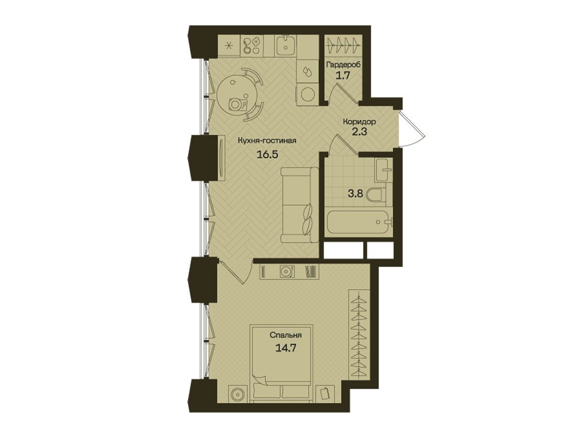 Планировка: 1-комн. квартира 39.00 м² в новостройке Дом на Часовой
