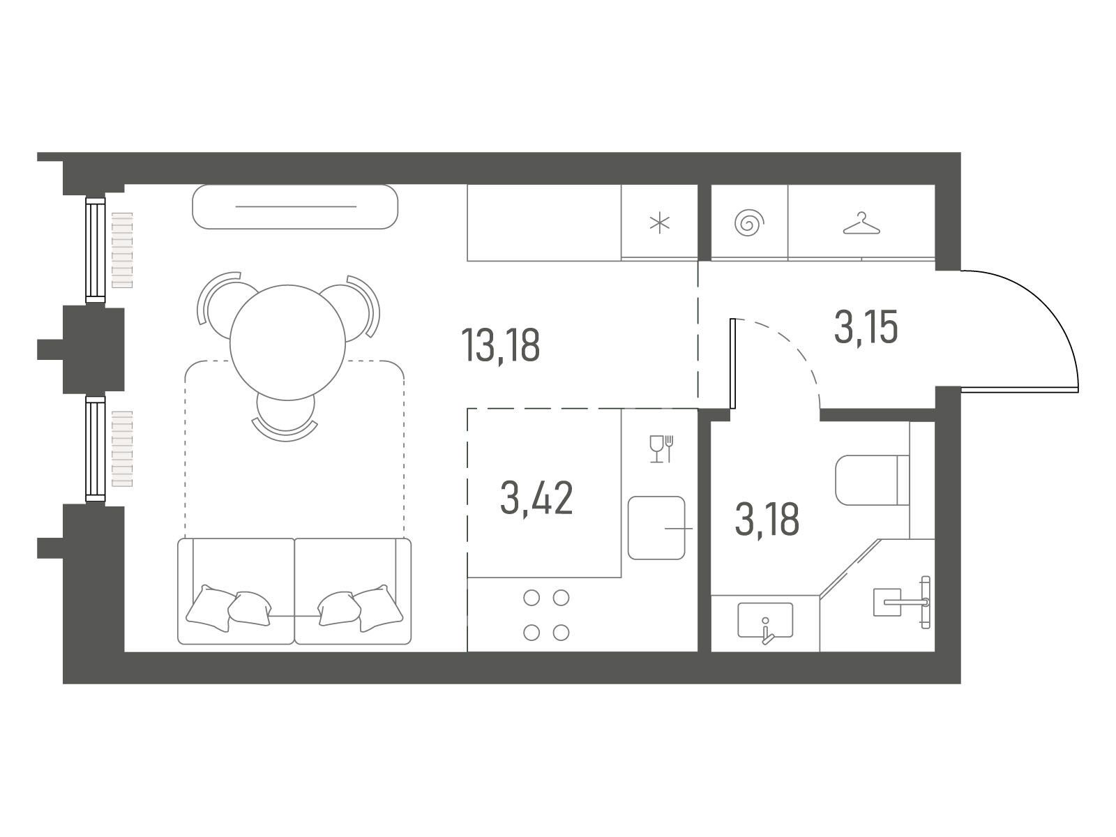Планировка: Студия 22.93 м² в новостройке Индиво