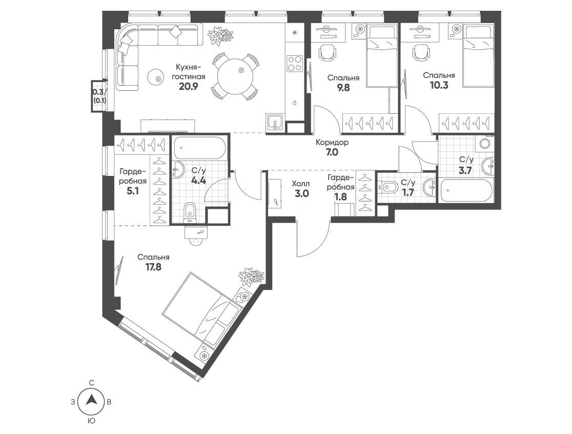 Планировка: 3-комн. квартира 85.60 м² в новостройке Соколин парк