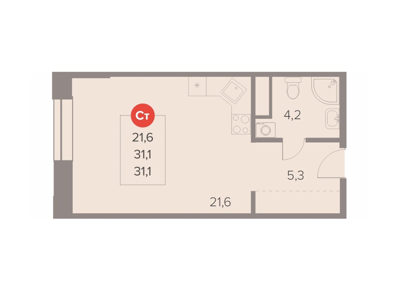 Планировка: Студия 31.10 м² в новостройке Отлично