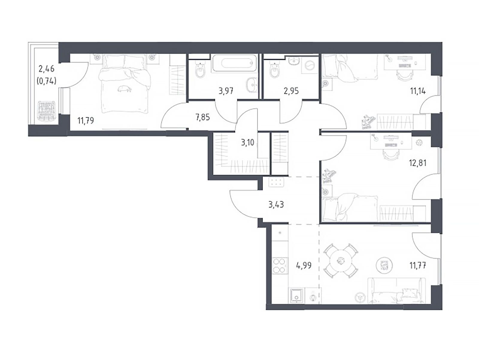 Планировка: 3-комн. квартира 74.54 м² в новостройке Прибрежный Парк