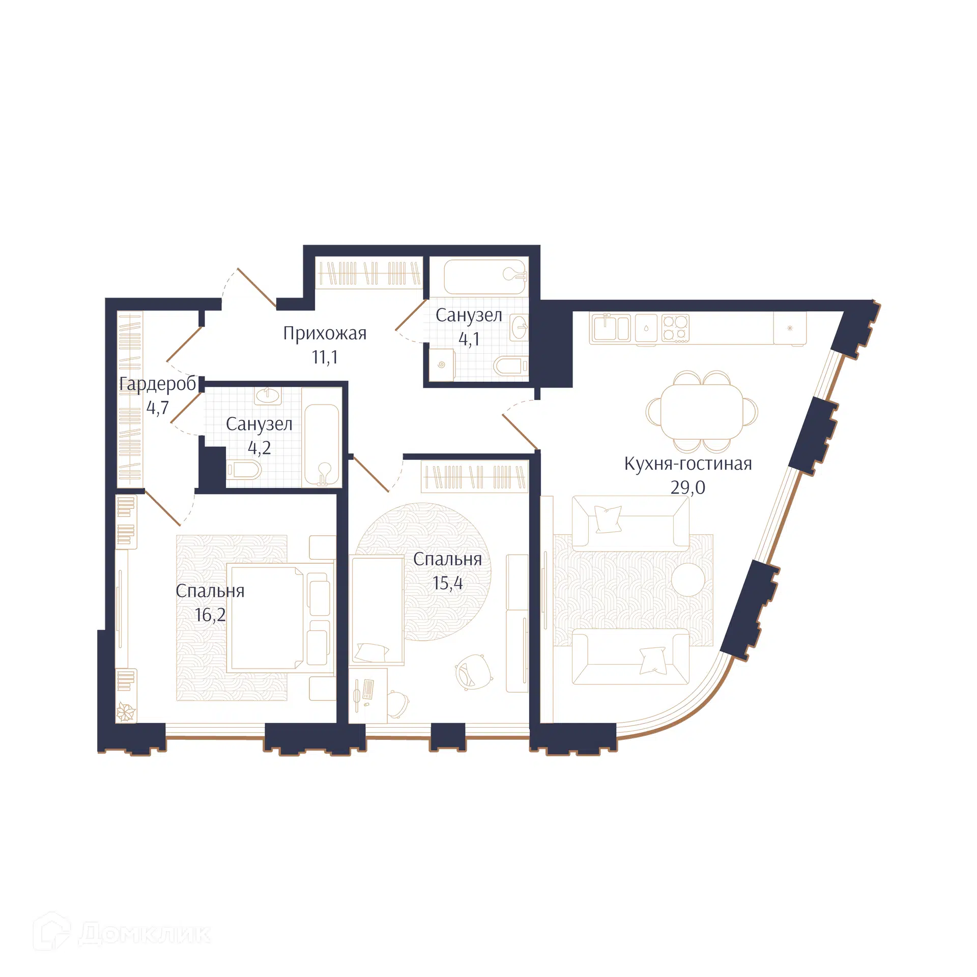Планировка: 2-комн. квартира 84.70 м² в новостройке Брют Резиденс