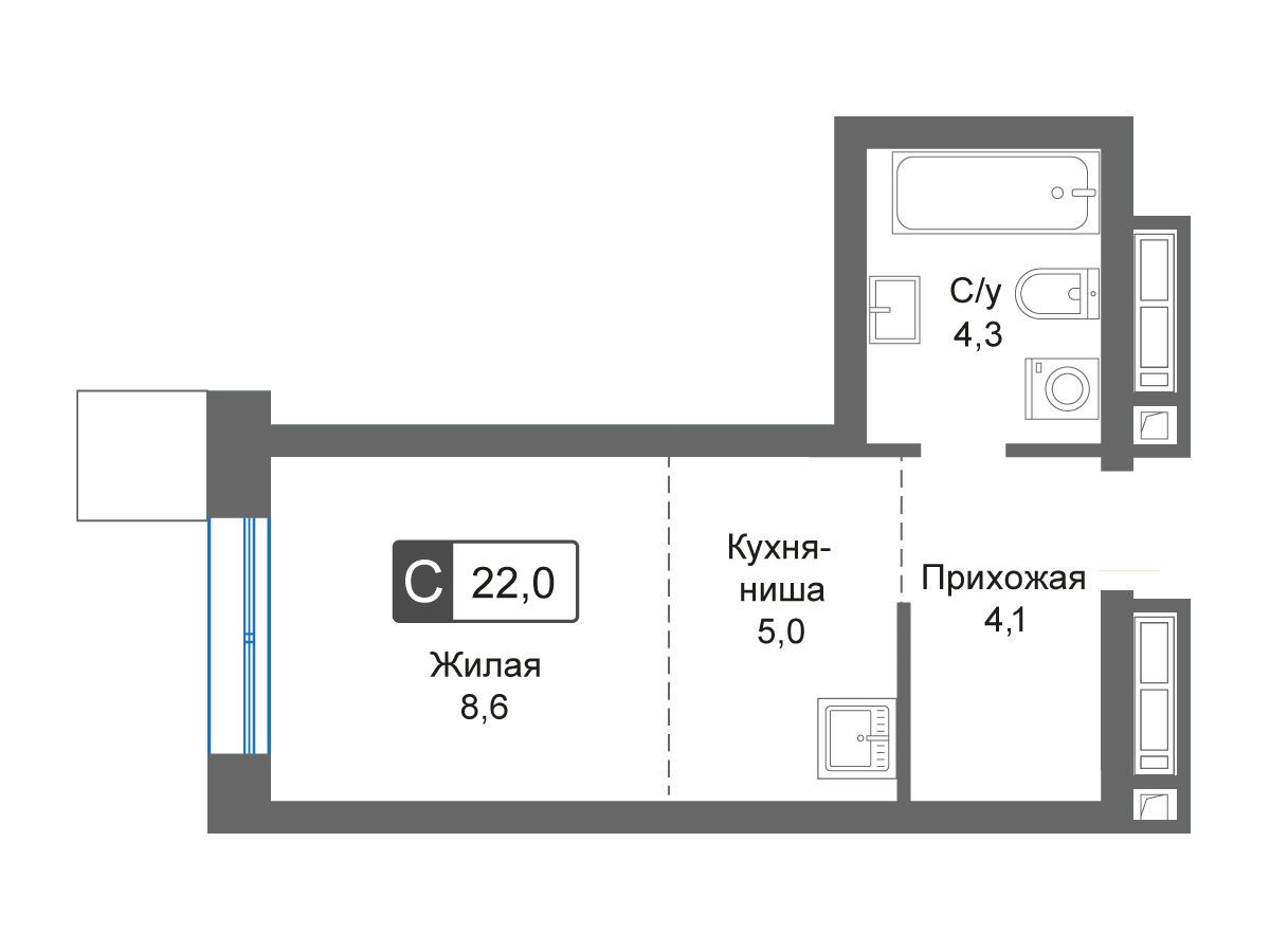 Планировка: Студия 22.00 м² в новостройке Сити квартал Отрада