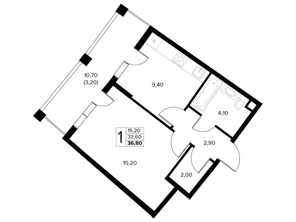 Планировка: 1-комн. квартира 36.80 м² в новостройке Кипарис