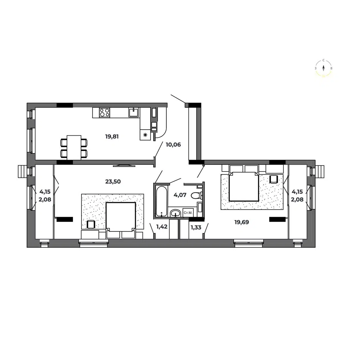 Планировка: 2-комн. квартира 84.05 м² в новостройке Красный Пахарь