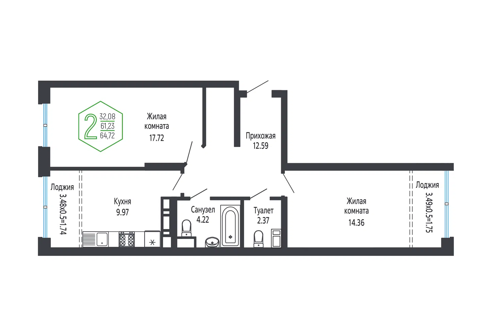 Планировка: 2-комн. квартира 64.83 м² в новостройке Гарантия на Обрывной