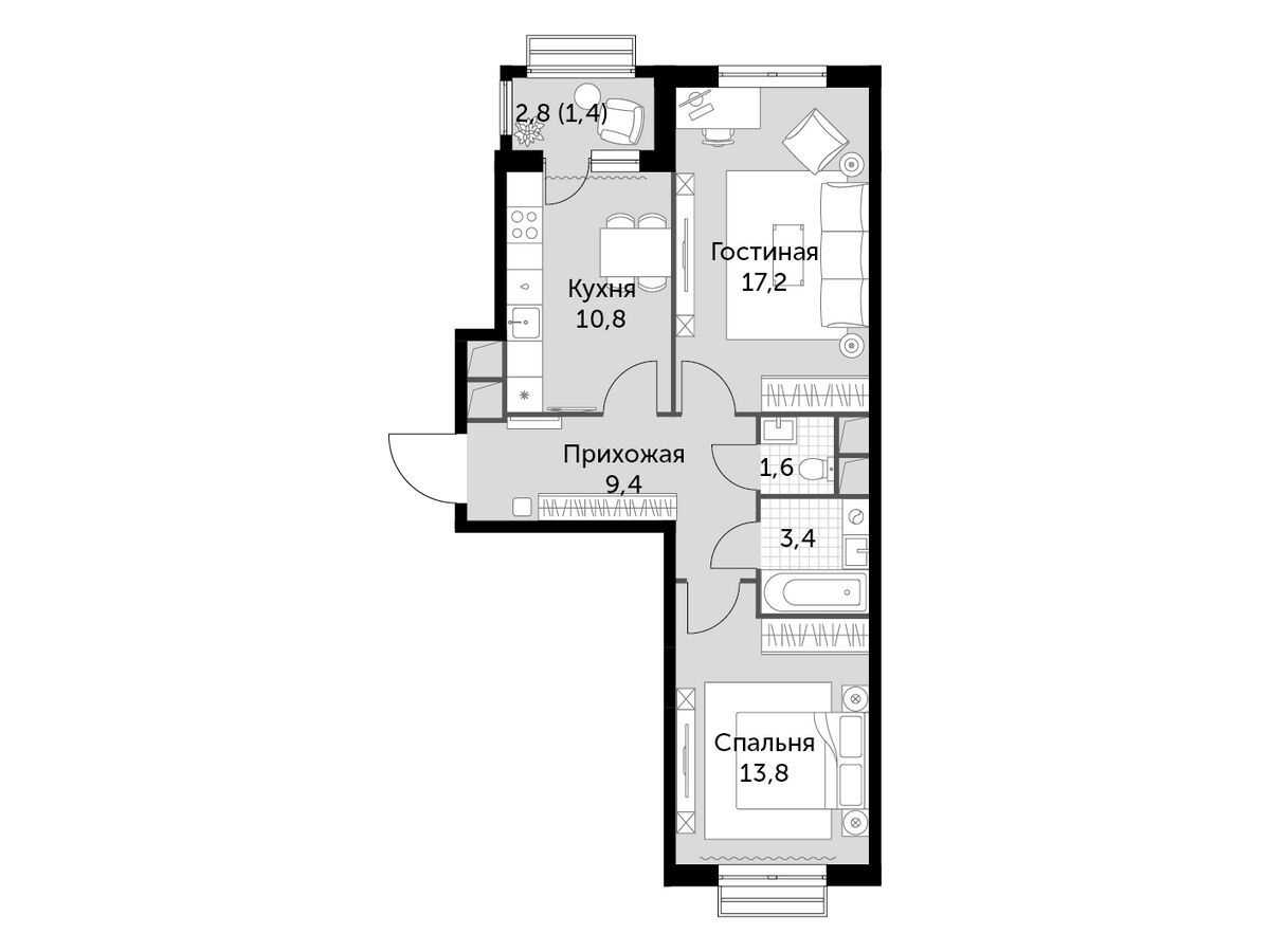 Планировка: 2-комн. квартира 57.60 м² в новостройке Римский