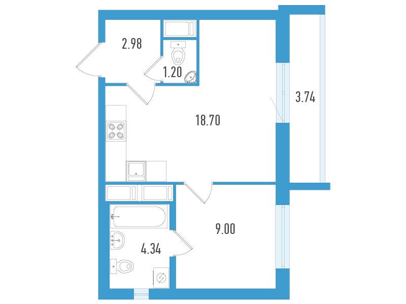Планировка: 1-комн. квартира 37.34 м² в новостройке ЖК Южный форт