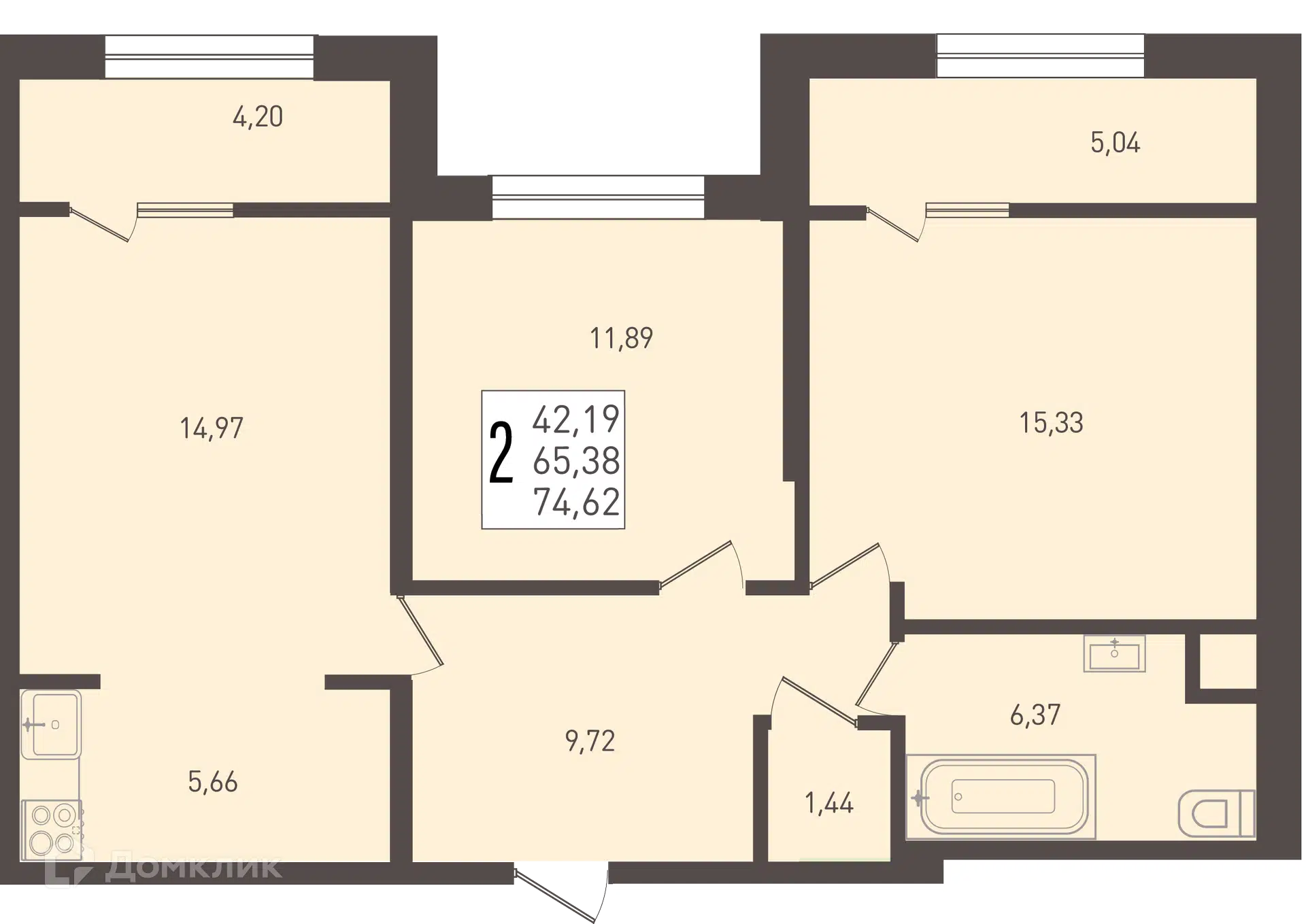 Планировка: 2-комн. квартира 74.62 м² в новостройке Югге