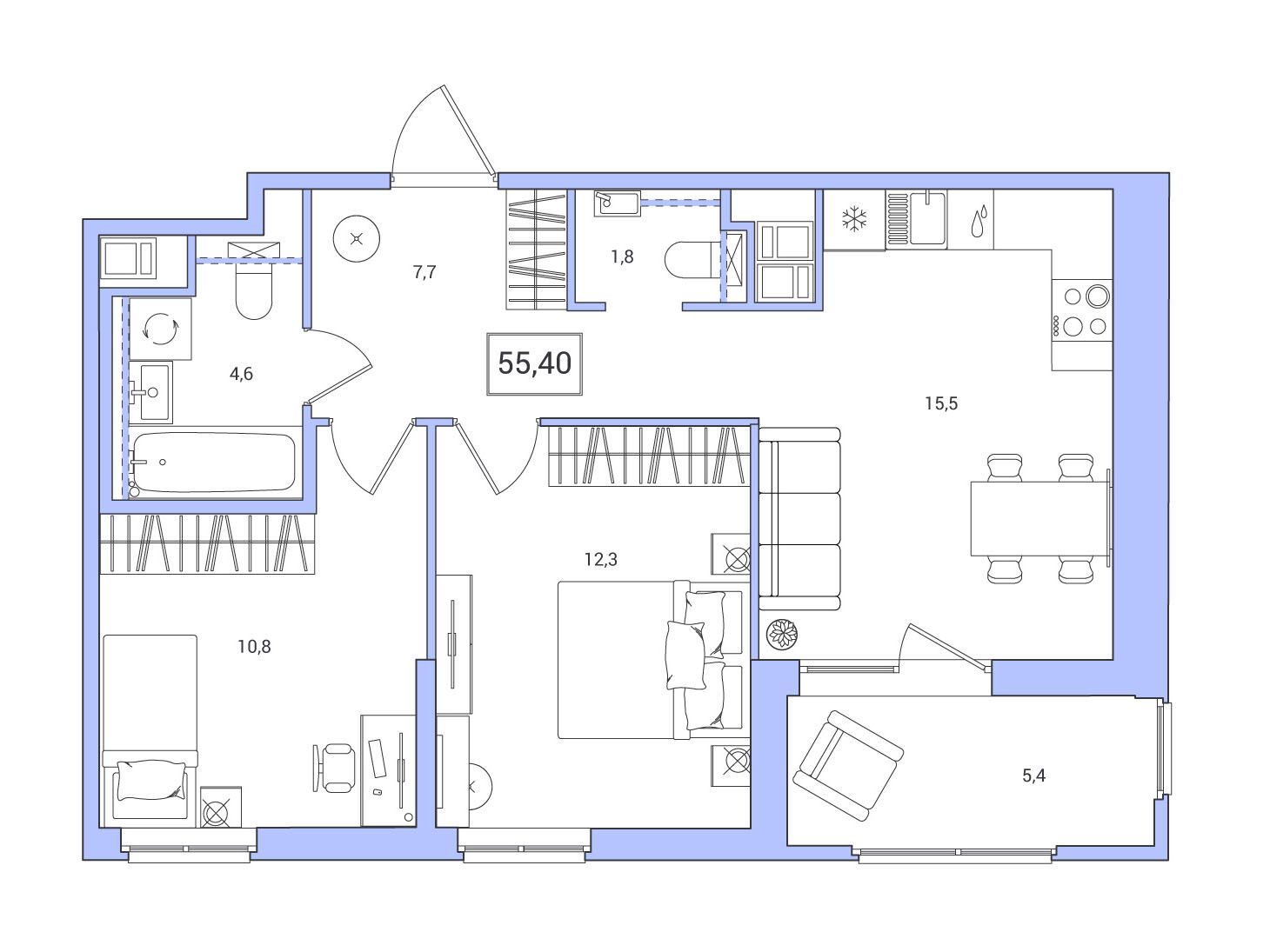 Планировка: 2-комн. квартира 55.40 м² в новостройке Янила Форест