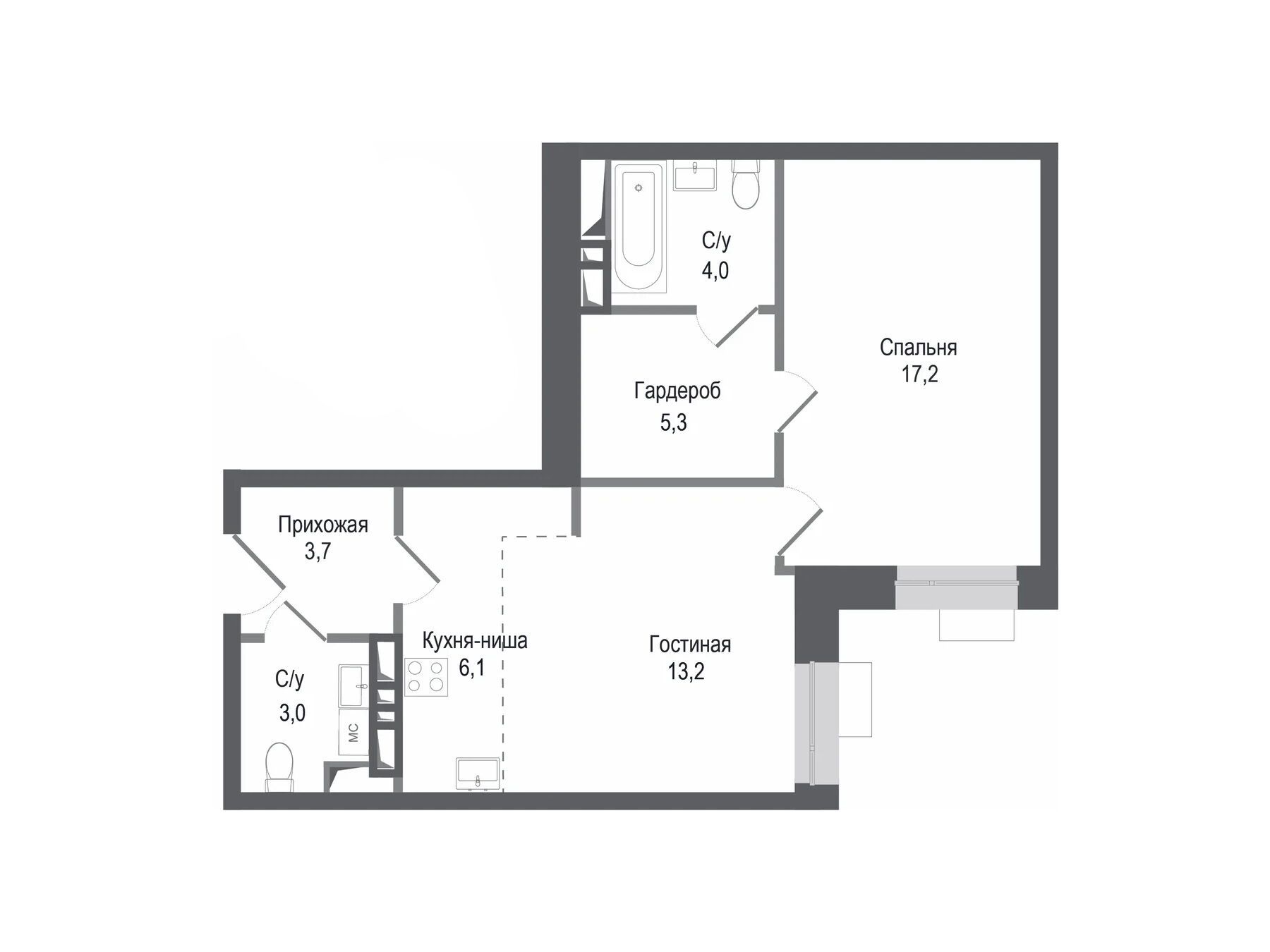 Планировка: 2-комн. квартира 52.50 м² в новостройке Киноквартал