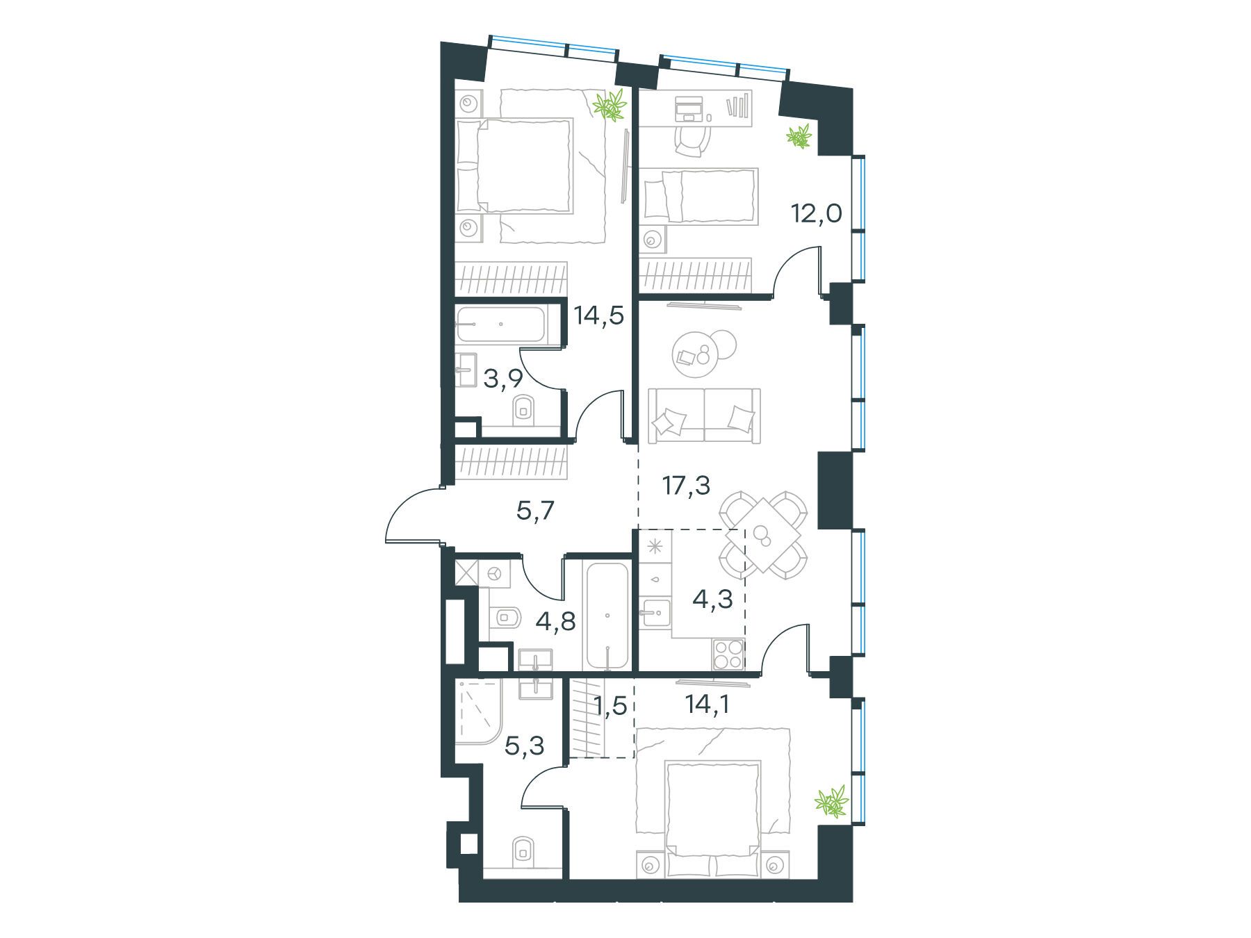 Планировка: 4-комн. квартира 83.40 м² в новостройке ЖК Павелецкая Сити