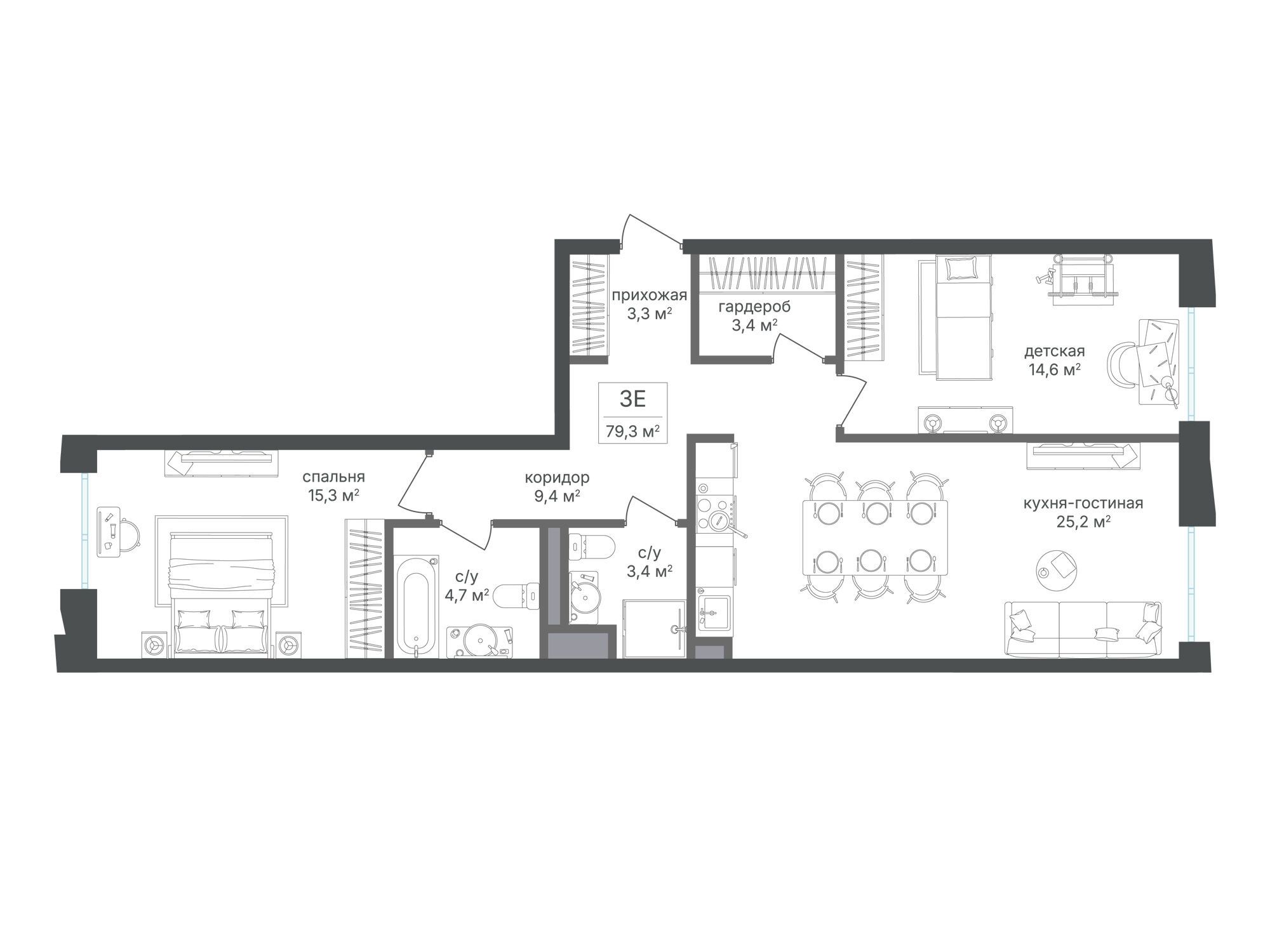 Планировка: 2-комн. квартира 79.20 м² в новостройке Семеновский парк 2