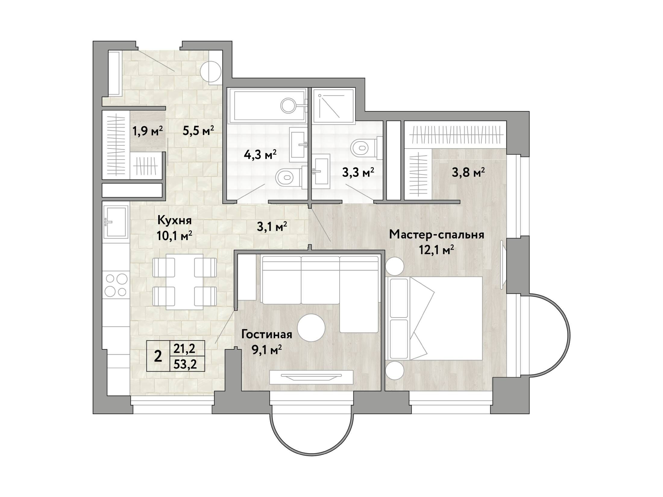 Планировка: 2-комн. квартира 53.20 м² в новостройке Новые смыслы