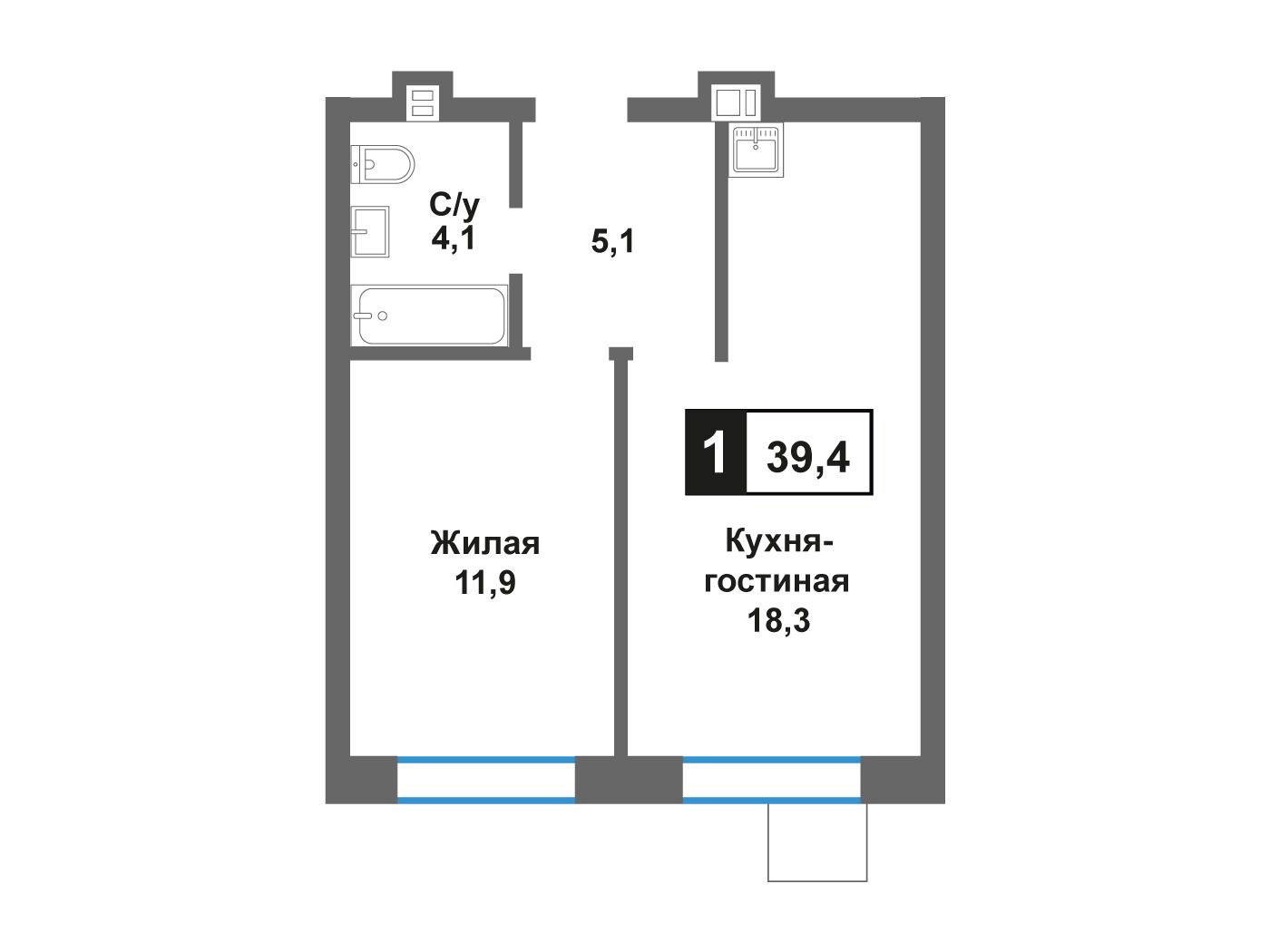 Планировка: 1-комн. квартира 39.40 м² в новостройке Лесная Отрада