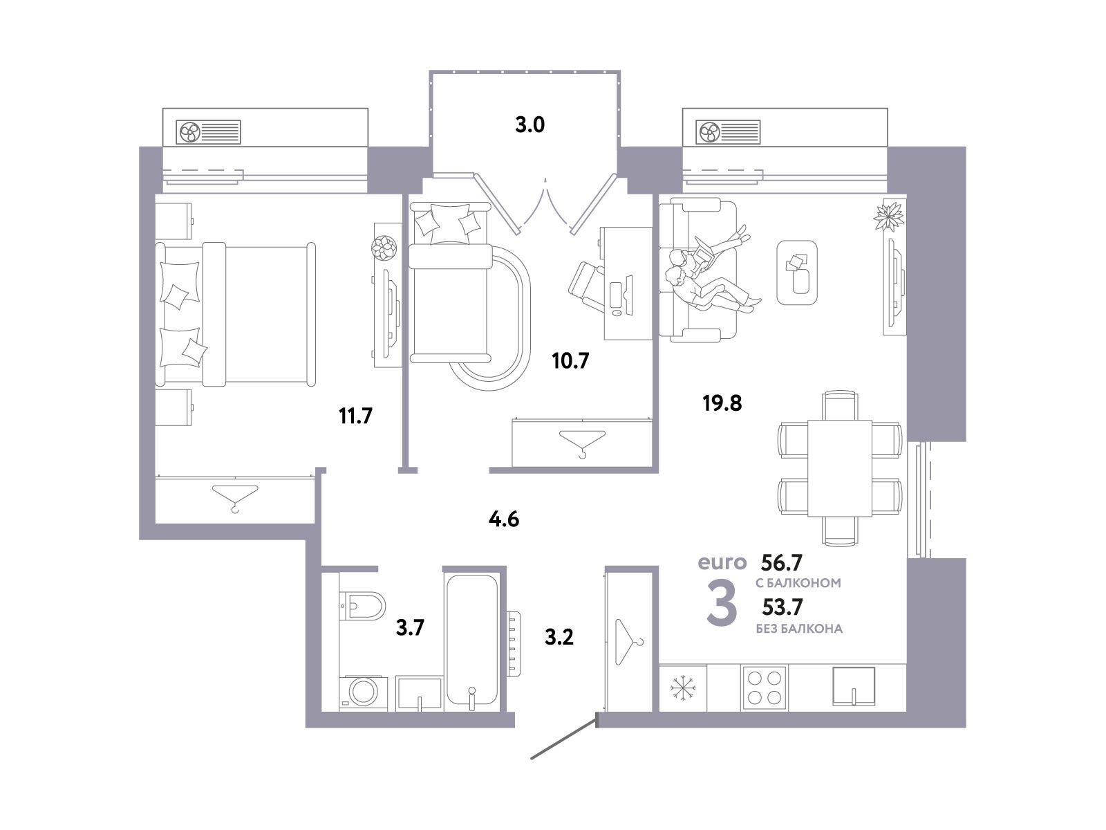 Планировка: 3-комн. квартира 56.70 м² в новостройке Страна. Заречная